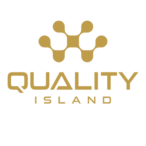 Quality Island logo: a gold interconnected node graphic above the gold wordmark 'QUALITY ISLAND'.