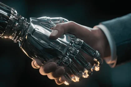 Uścisk dłoni człowieka i robota, AI w QA: co działa, a co jeszcze nie działa