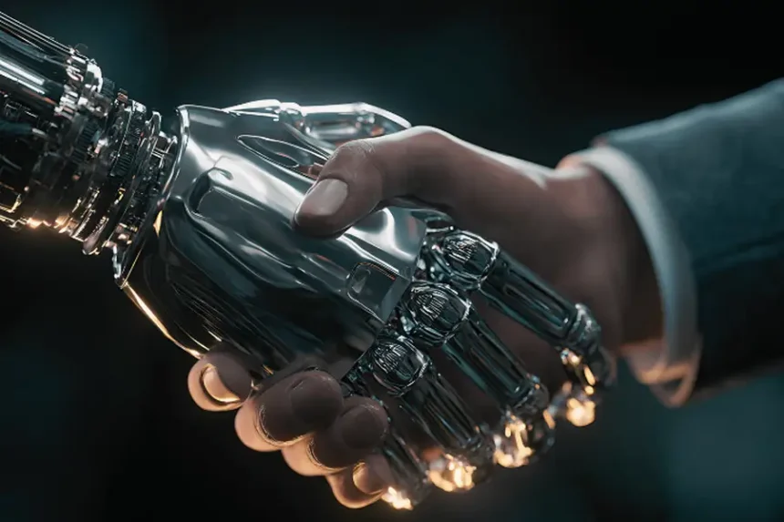 Uścisk dłoni człowieka i robota, AI w QA: co działa, a co jeszcze nie działa