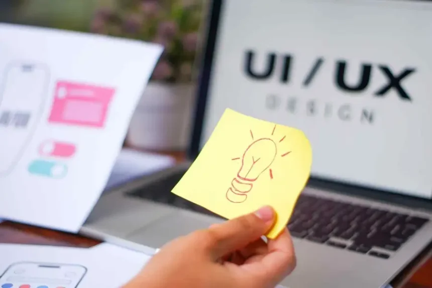Karteczka z żarówką przy laptopie z napisem UI UX, współpraca QA i UX w zespole produktowym