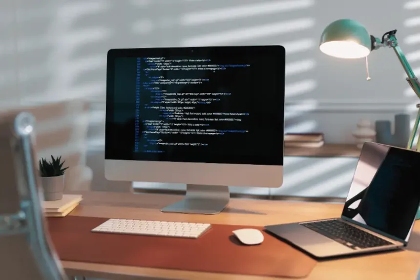 Biurko z monitorem i kodem, testy manualne kontra automatyzacja testów w małej firmie