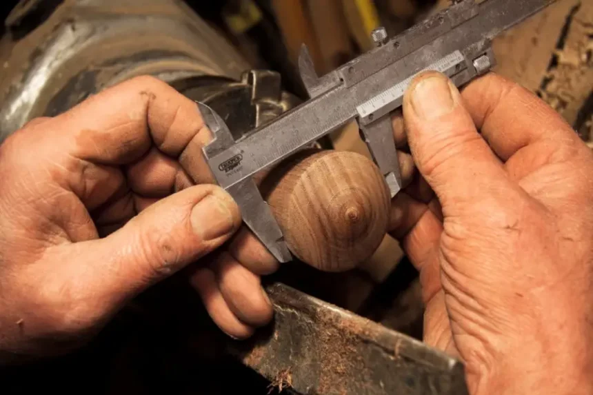 Dłonie rzemieślnika mierzące drewniany element suwmiarką, ręczna kontrola jakości i testowanie manualne